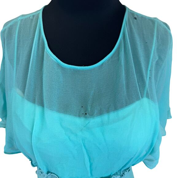 Vintage 1960s turquoise formal dress with floral trim and flutter sleeves. AS IS - Picture 5 of 14